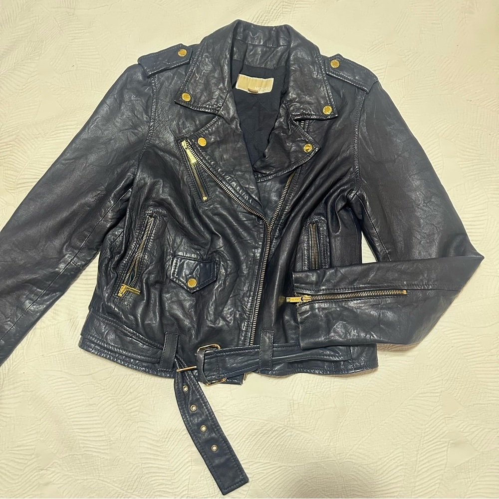 Michael Kors Navy Leather Jacket with Gold Accents